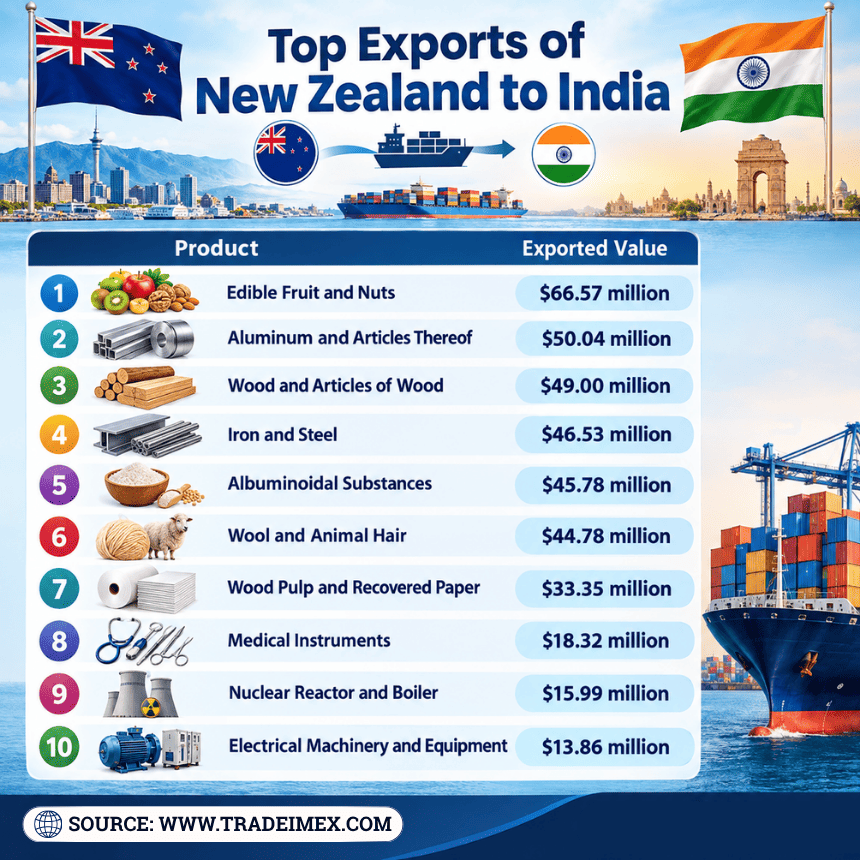 Top Exports of New Zealand to India